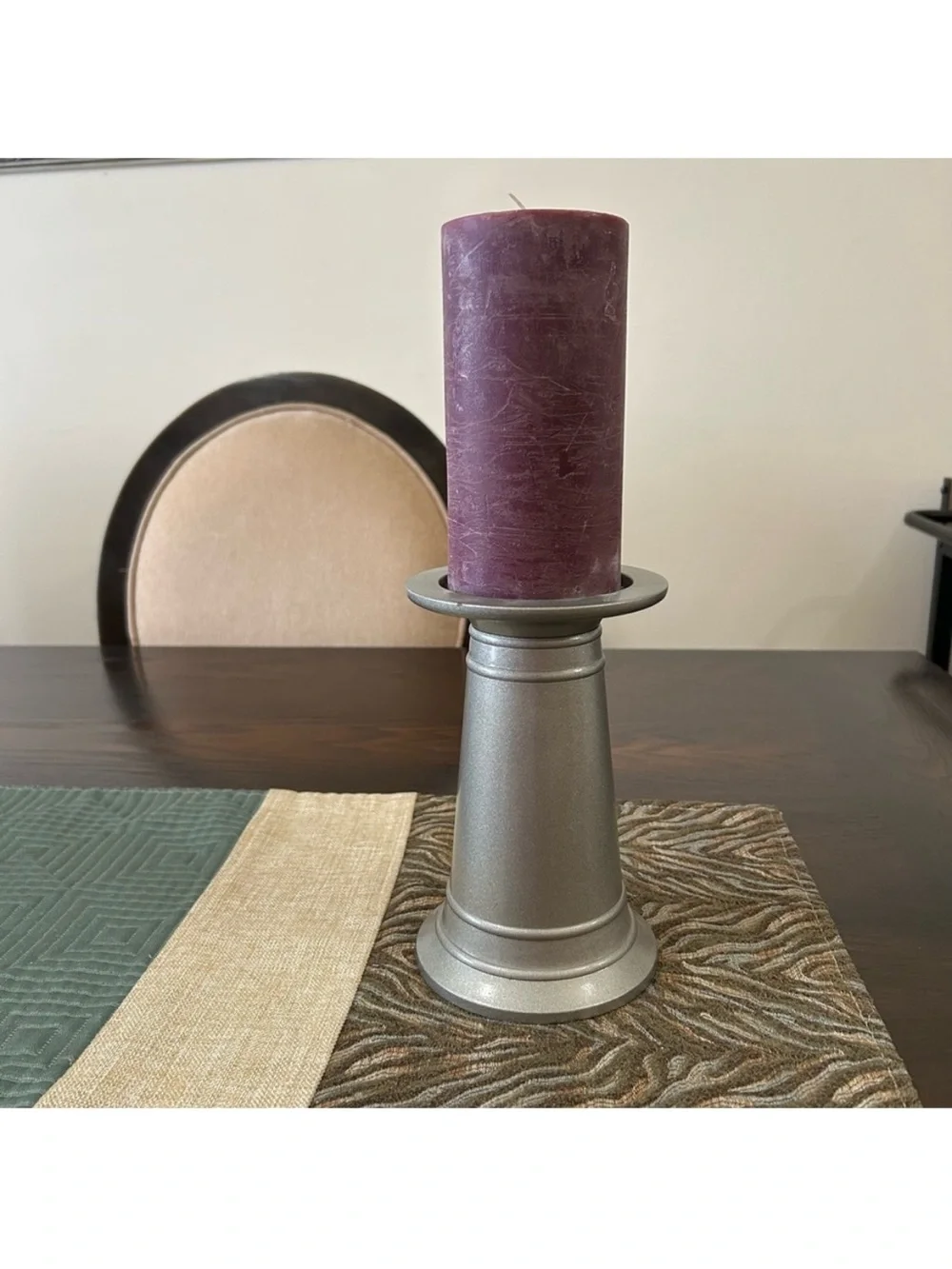Pottery Barn Plum Pillar Candle with Silver Holder